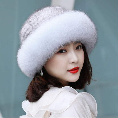 Warm Mink Fur Hat with Fox Pom Pom - Ear Flap Design