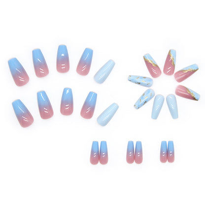 Blue Ombre Mid-Length Cross-Border Fake Nails with Gold Foil Flakes-homeunderwear