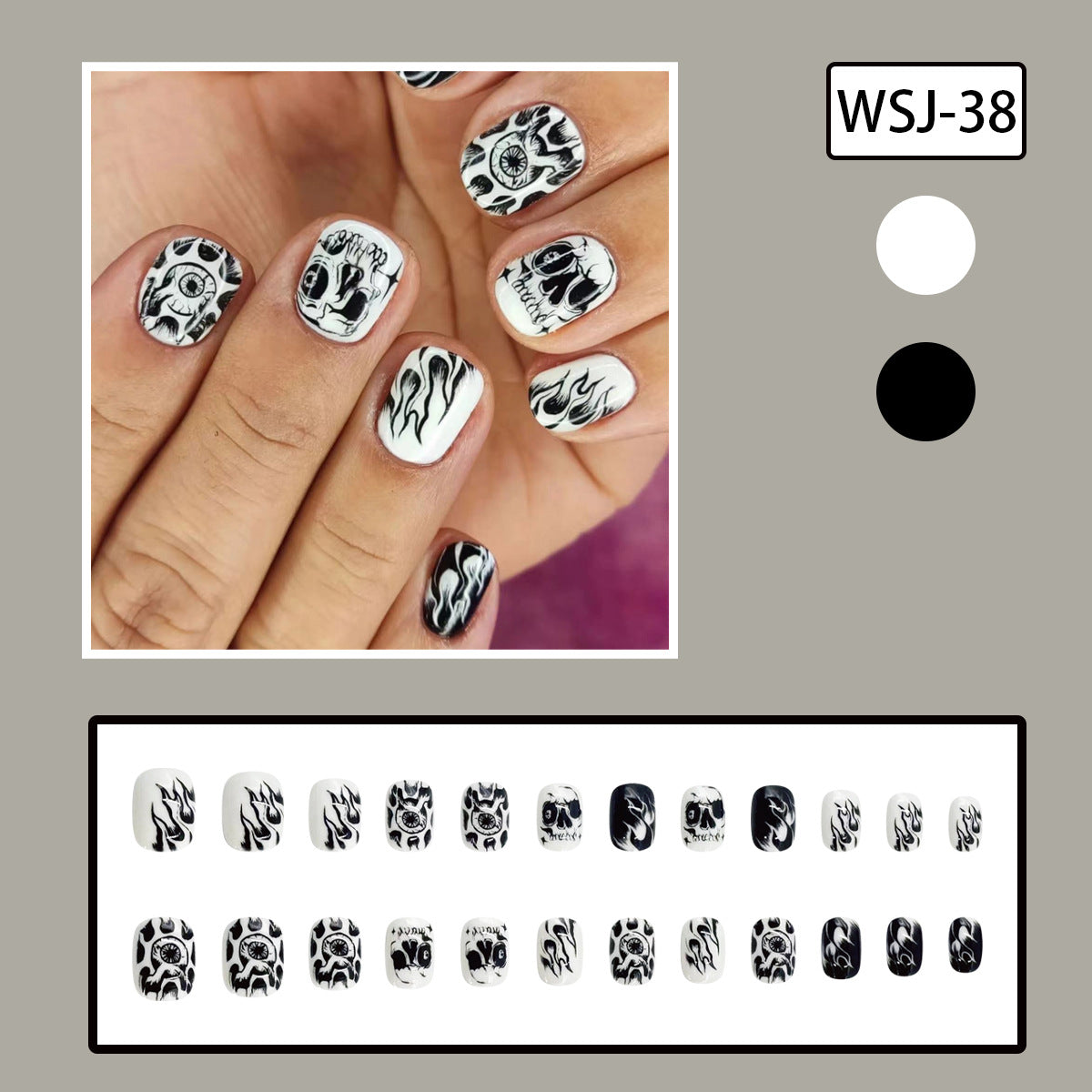 Halloween Black & White Hand-Painted Flame Skull Eye Nails