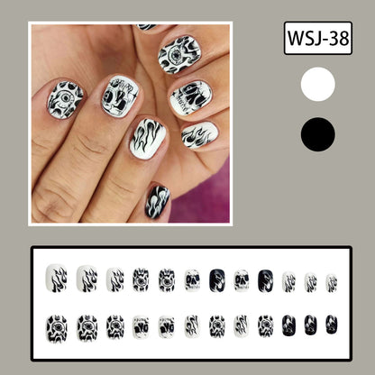 Halloween Black & White Hand-Painted Flame Skull Eye Nails