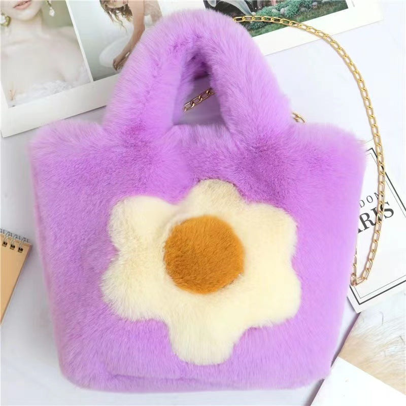 Korean Sunflower Faux Fur Tote - Chain Crossbody Bag