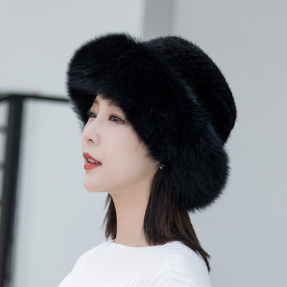 Warm Mink Fur Hat with Fox Pom Pom - Ear Flap Design