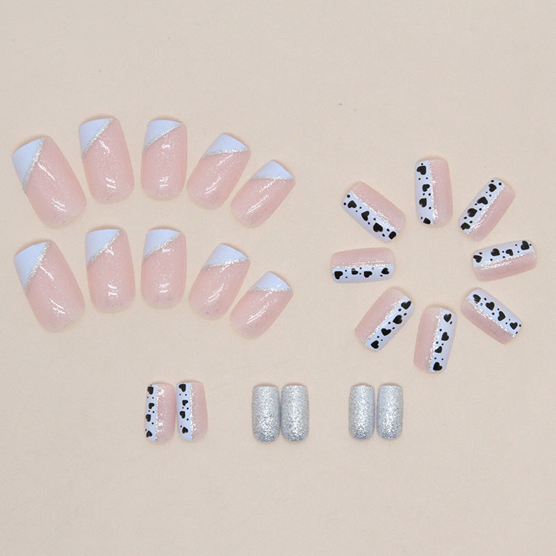 Blue White Triangle French Heart Polka Dot Pink Square Nails Euro Glitter Fake Nails-homeunderwear