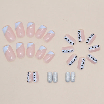 Blue White Triangle French Heart Polka Dot Pink Square Nails Euro Glitter Fake Nails-homeunderwear