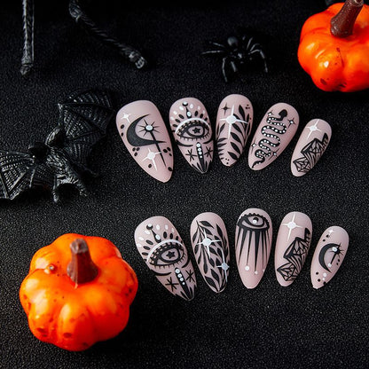 Almond Shape Round Black Totem Nails, Large Eye Diamond Moon, Halloween Style-Homeunderwear