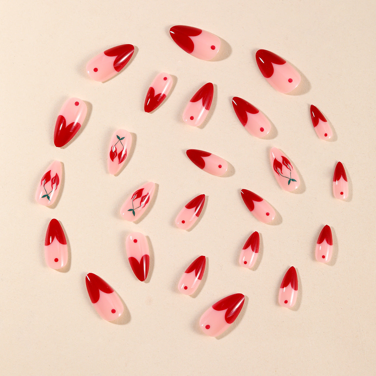 Almond Shaped Red Heart French Cherry Polka Dot Detachable Fake Nails-homeunderwear