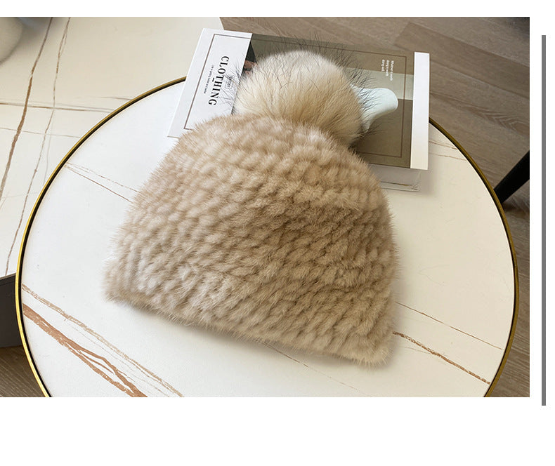 Women's Striped Fur Blend Hat with Real Rabbit Fur Pom Pom