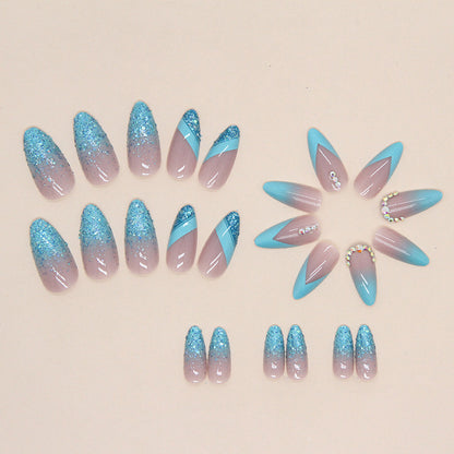 Almond Blue Glitter Nails, Shiny Powder, Sweet, Edgy, Ins Style-Homeunderwear