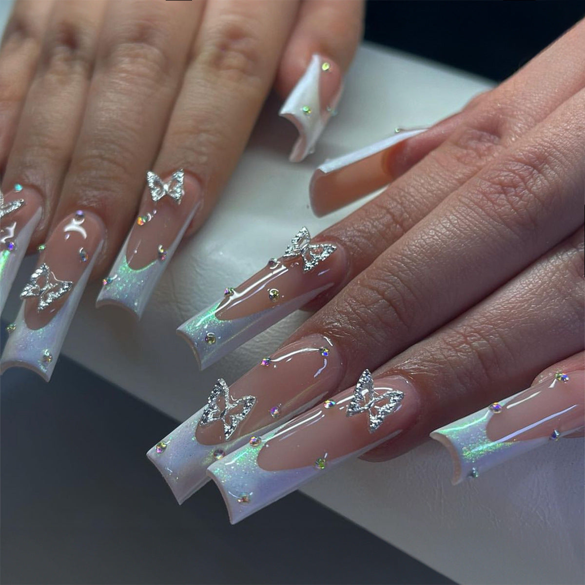 White French Tip Butterfly Crystal Nail Tips