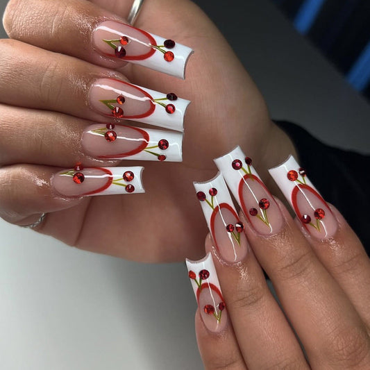 European Style White French Red Dot Diamond Cherry Detachable Fake Nails