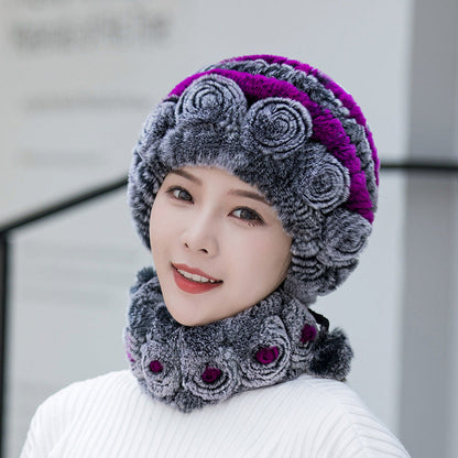 Warm Real Rabbit Fur Ear Flap Hat & Scarf Set