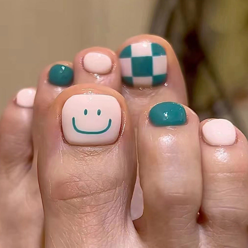 Smiley Face Lake Green Checkerboard Toe Nails