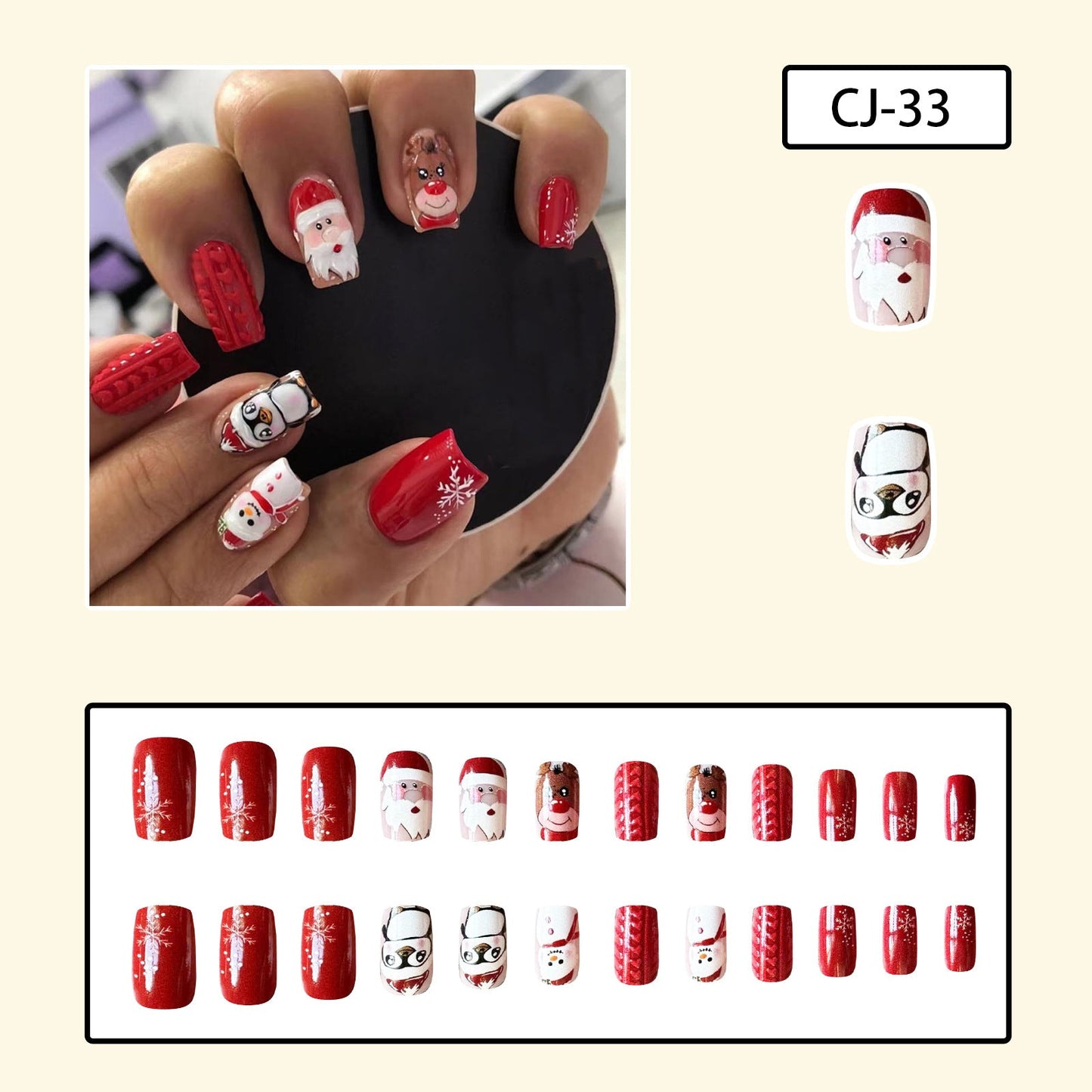 Winter Short Square Knit Design Christmas Reindeer Snowman Santa Nail Tips