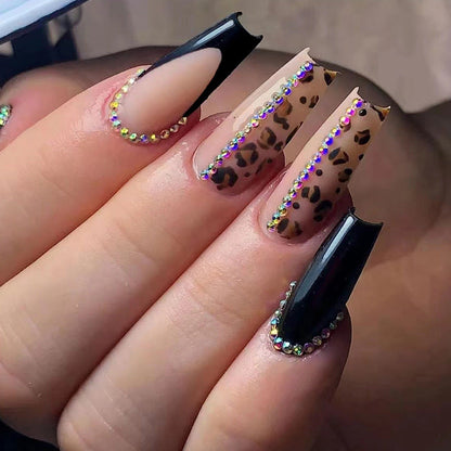 Long Black Leopard Print Nails with Glitter and Diamonds