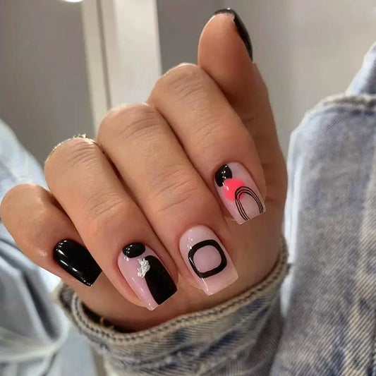 Mid-Length Square Sweet-Cool Solid Nails, Irregular Black Lines