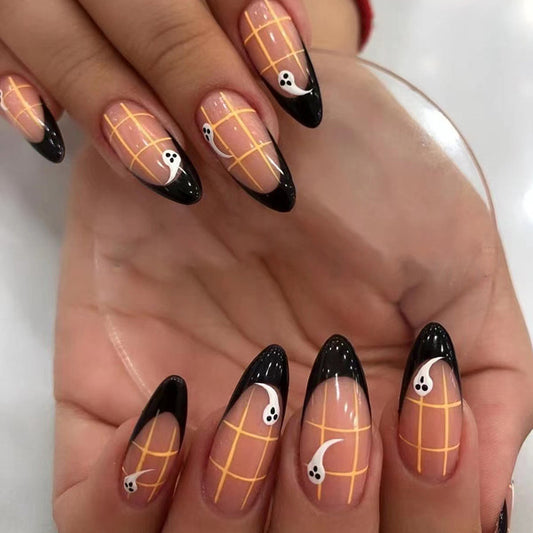 Black French Almond Nails, Halloween Ghost Print