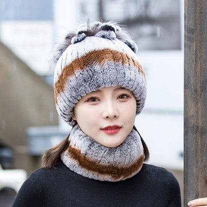 Winter Real Rabbit Fur Hat & Neck Warmer Set