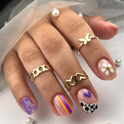 Summer Short Adorable Multicolor Striped Nails Smile Sunflower Cow Spots-Homeunderwear