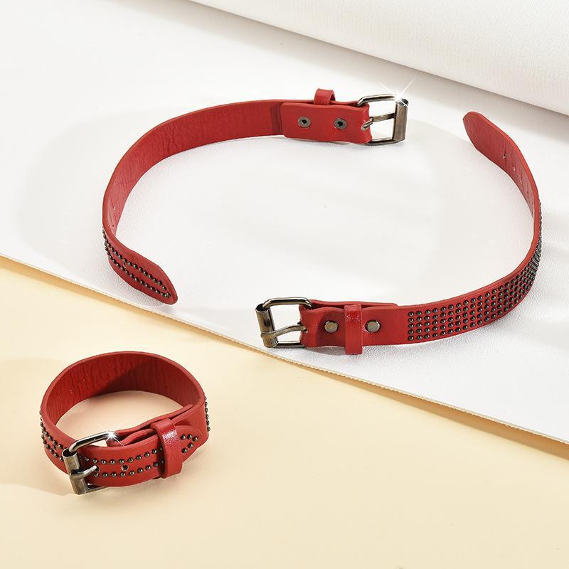 Metal Rivets Red Leather Choker