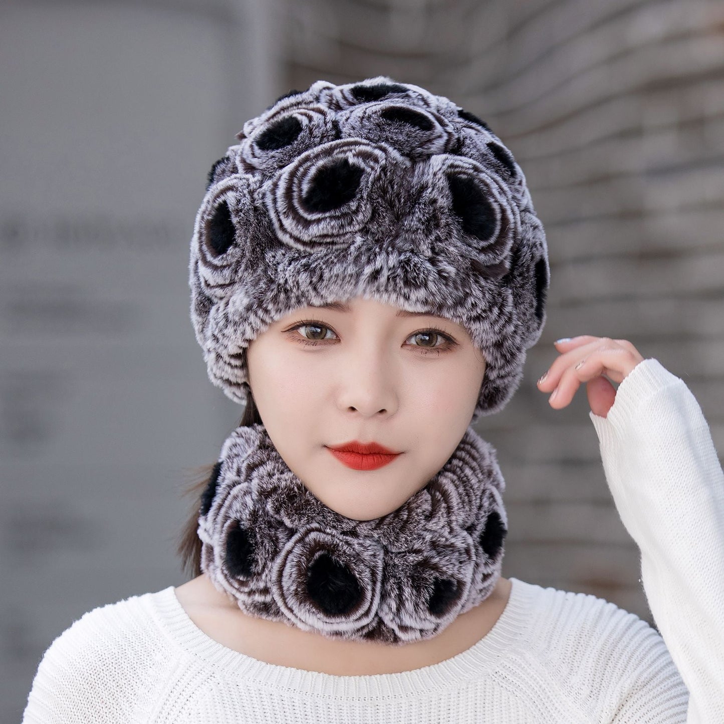 Warm Real Rabbit Fur Ear Flap Hat & Scarf Set