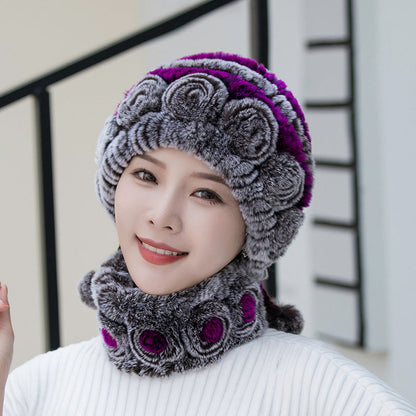 Warm Real Rabbit Fur Ear Flap Hat & Scarf Set