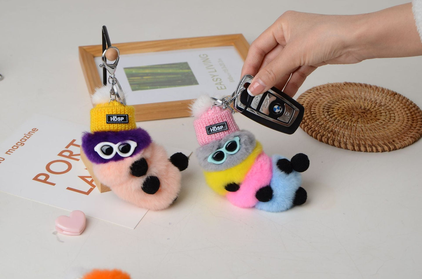 Cute Fuzzy Caterpillar Keychain - Faux Fur Accessory