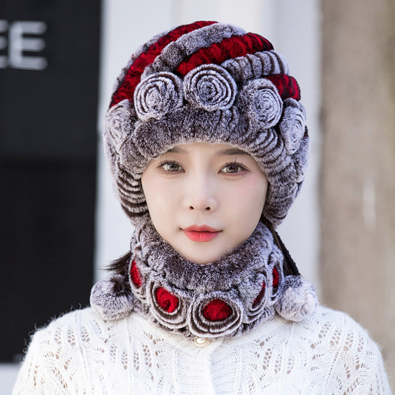 Warm Real Rabbit Fur Ear Flap Hat & Scarf Set