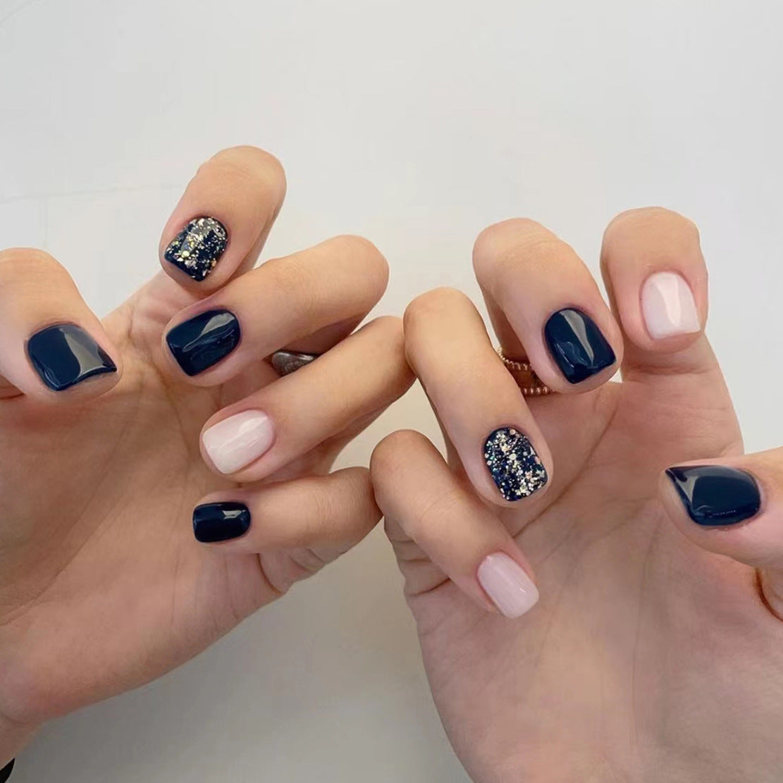 Short Ink-Blue Starry Sky Glitter Nails for Ins Style