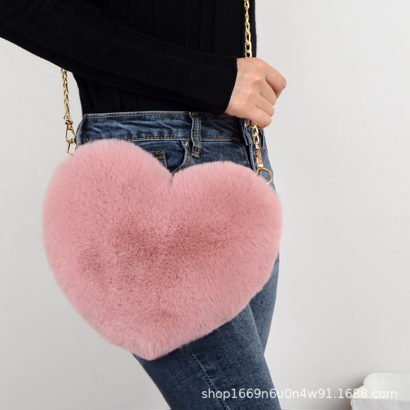 Fashionable Faux Fur Heart-Shaped Bag - Chain Crossbody Purse