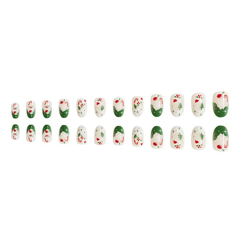 Shiny Oval Christmas Nail Tips with Festive Designs