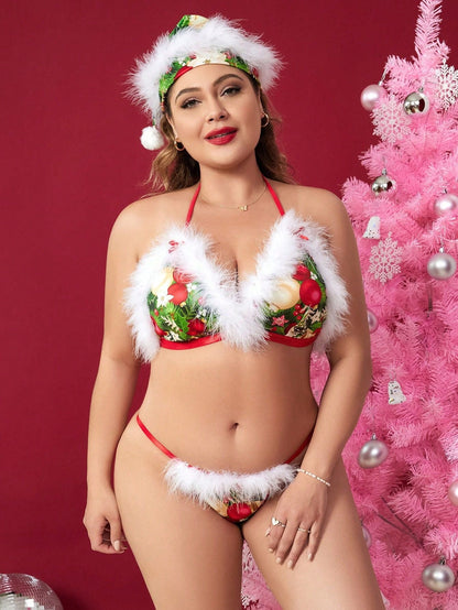 Free Shipping For Christmas Three-Point Sexy Plush Bra Set