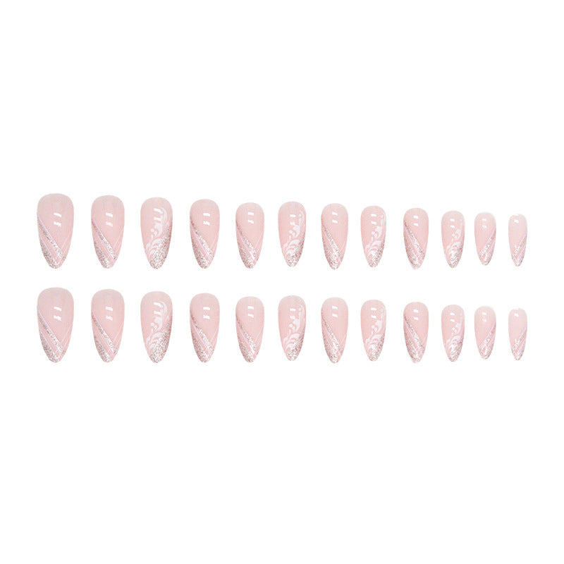 Almond Shape Soft Pink Nails, Shiny Slanted French Design