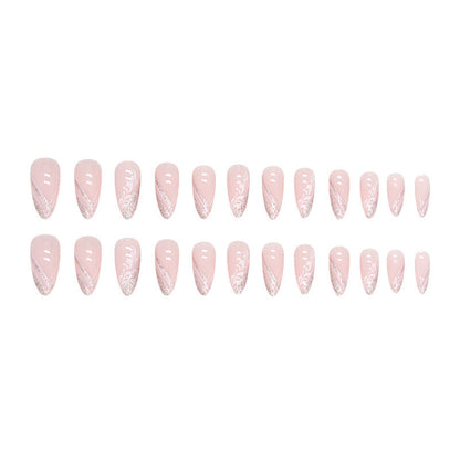 Almond Shape Soft Pink Nails, Shiny Slanted French Design