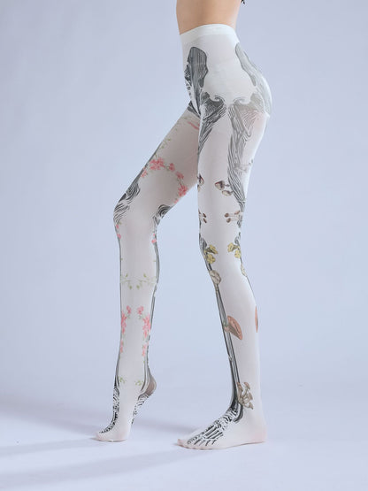 Dark Articulated Bones Print Tattoo Pattern Halloween Dancing Pantyhose
