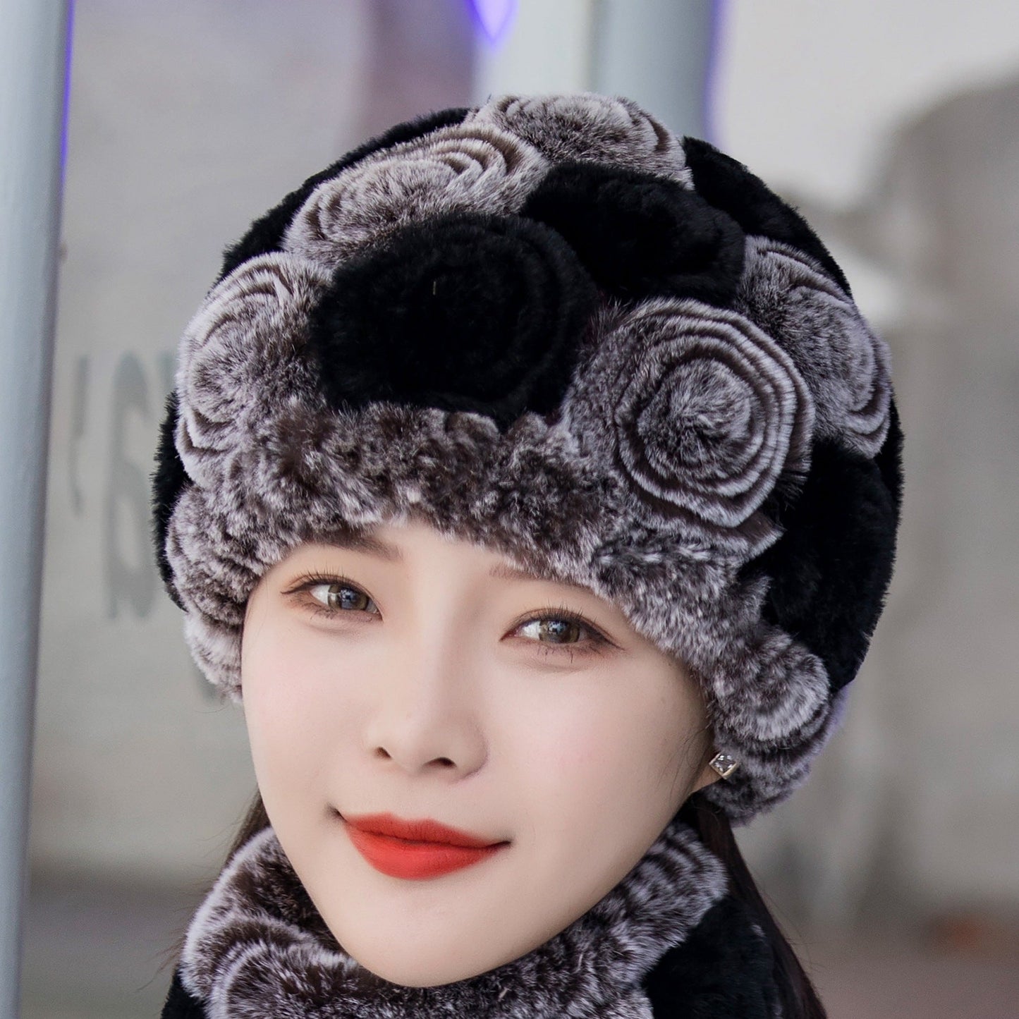 Winter Real Rabbit Fur Flower Ear Flap Hat