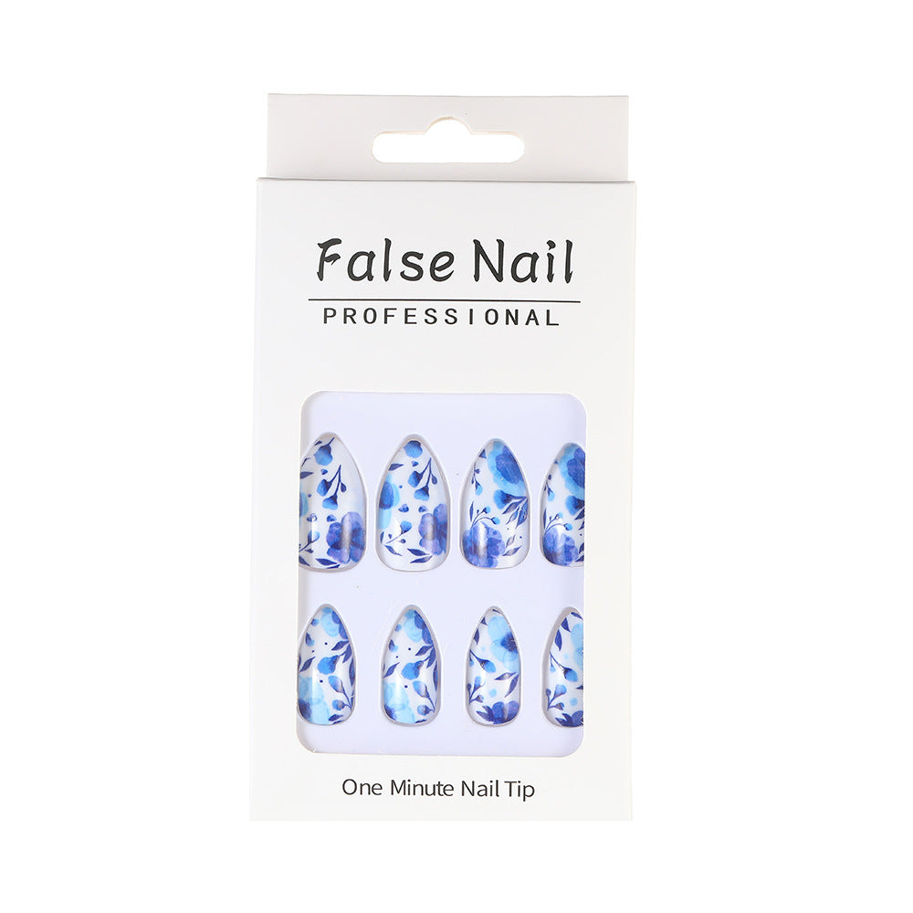 Sweet Cool Girl Luxe Ins-Style Blue-and-White Flower Waterdrop Nails