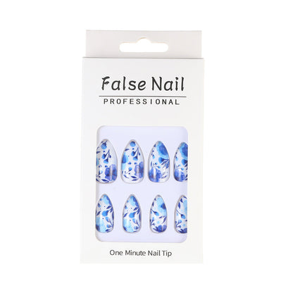 Sweet Cool Girl Luxe Ins-Style Blue-and-White Flower Waterdrop Nails