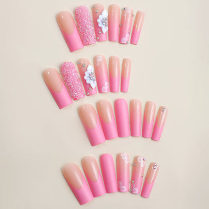 Detachable Pink French Nail Tips with Sparkling Flowers