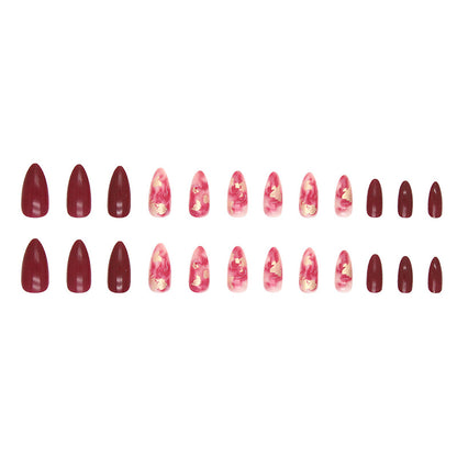 Wine Red Ombre Chinese Style Gold Foil Nails Ins Style Party Bride-homeunderwear