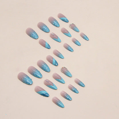 Almond Blue Glitter Nails, Shiny Powder, Sweet, Edgy, Ins Style-Homeunderwear