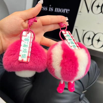 Cute Real Rabbit Fur Charm with Watermelon & Mushroom Design