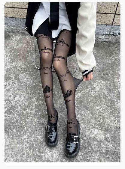 Sexy Trend City Castle Printed Ultra-thin Pantyhose