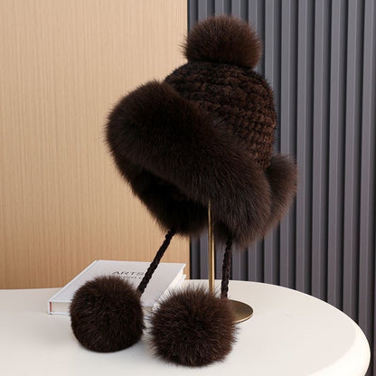 Winter Women's Mink Fur Hat with Fox Pom Pom - Stylish & Warm