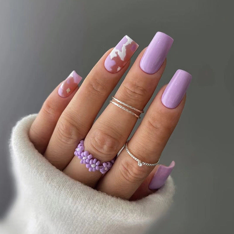 Long Lavender Spotted Cow Print Nails, Ins Style