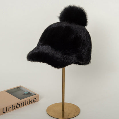 Warm Mink Fur Baseball Cap with Fox Pom Pom - Winter Fashion