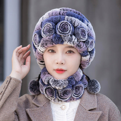 Warm Real Rabbit Fur Ear Flap Hat & Scarf Set