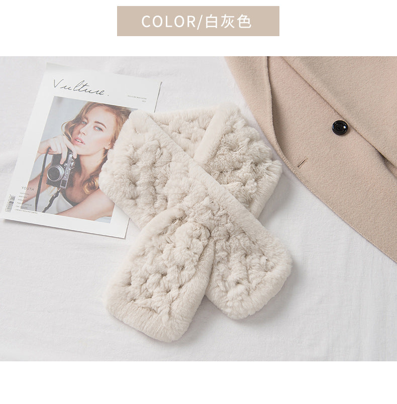 Real Rabbit Fur Scarf with Diamond Pattern - Winter Warmth