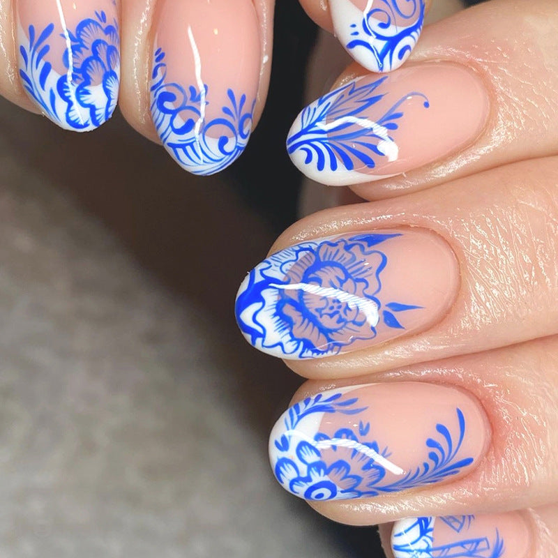 Chinese Style Round Head Blue Porcelain Morandi Flowers Totem Nails Euro Fashion Fake Nails-homeunderwear