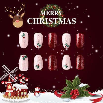 New FashionShort Shiny Oval Christmas Nails - Glitter, Leaves, Berries-homeunderwear