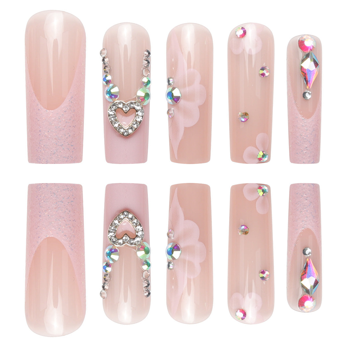 Floral Heart Removable Nail Tips, Trendy Finished Nails